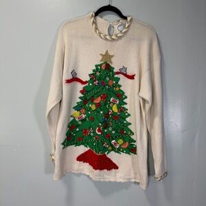 Vintage Eagles Eye Sweater Womens XL Cream Christmas Tree Holiday 90s‎